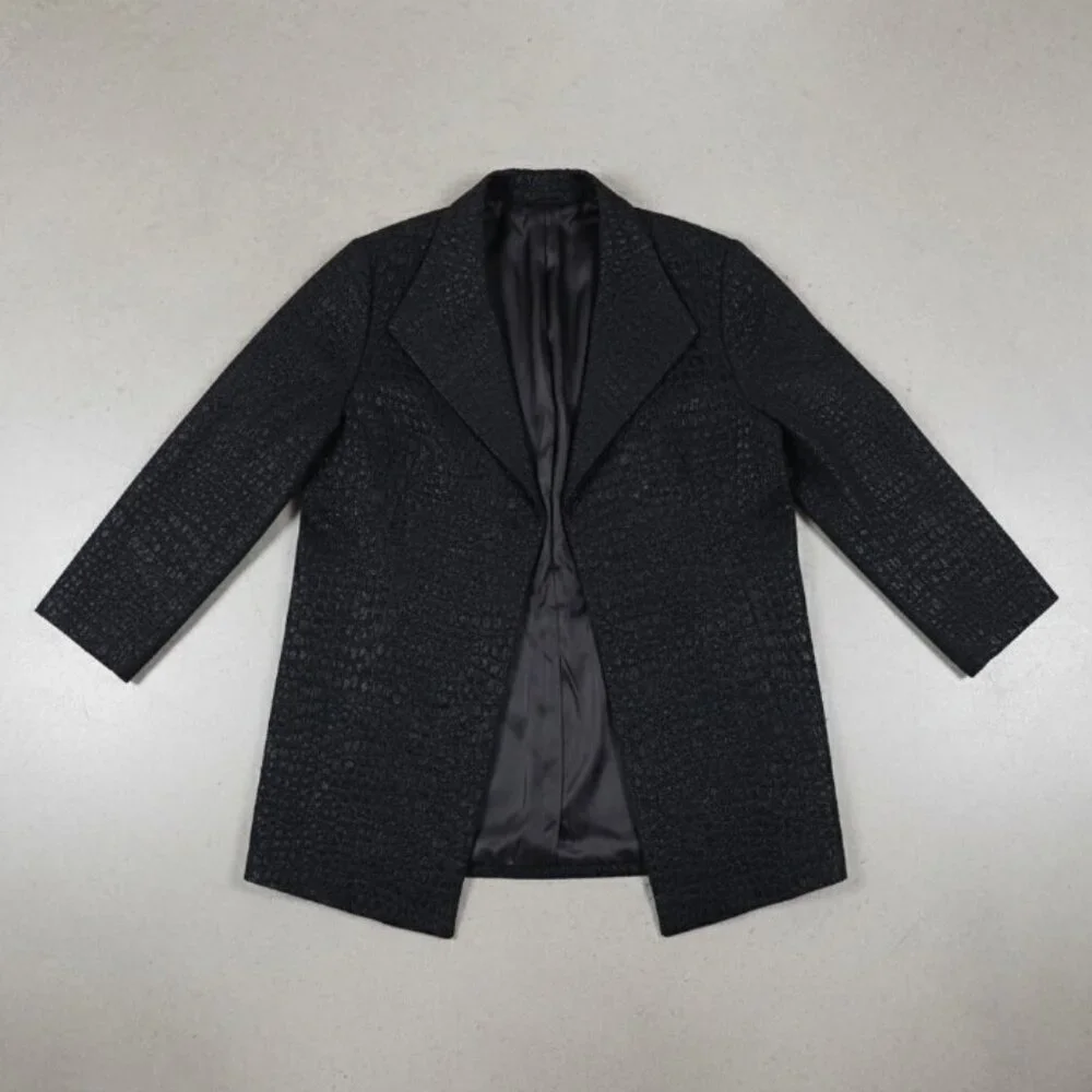 NWOT Chico's Black Shimmer Snakeskin Print Open Front Shawl Collar Jacket L 12
